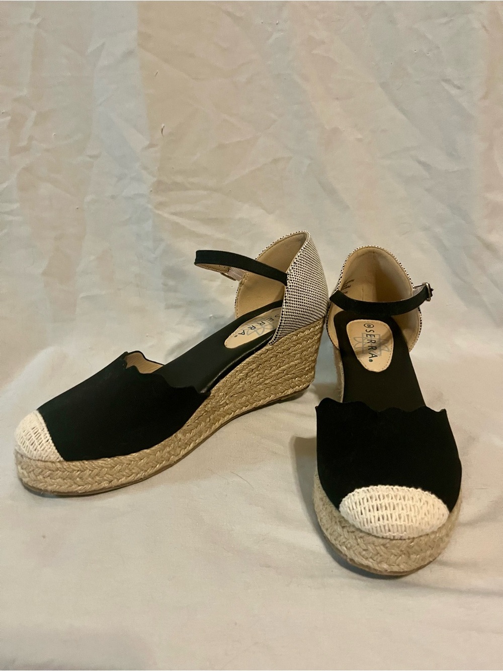 Black and Tan Espadrille Wedge Sandals